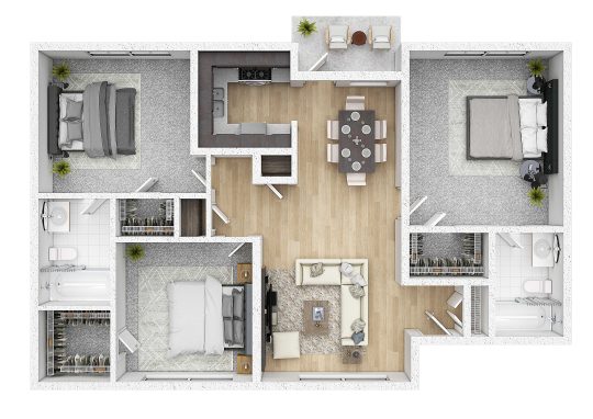 a 3d rendering of a two bedroom apartment at The Gateway Apartments