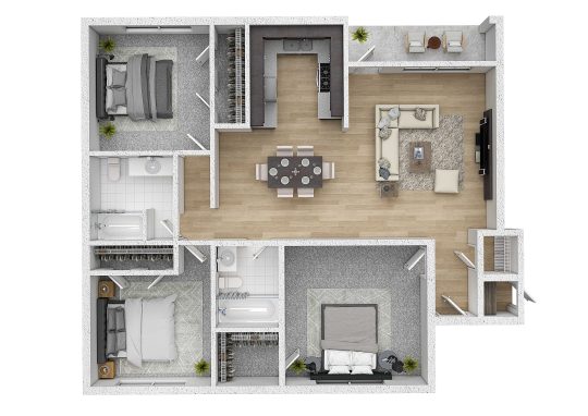 a 3d rendering of a two bedroom apartment at The Gateway Apartments